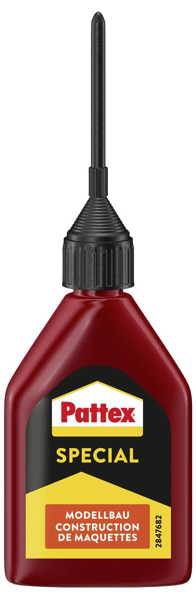 Een rode fles Pattex Special lijm met een smal tuitje, gelabeld voor modelbouw.