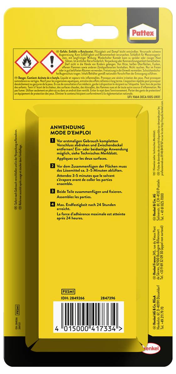 I apologize, but no text was actually provided in your request. Could you paste the specific text from the back of the Pattex adhesive package that you want translated to Dutch? Without the source text, I cannot perform the translation.