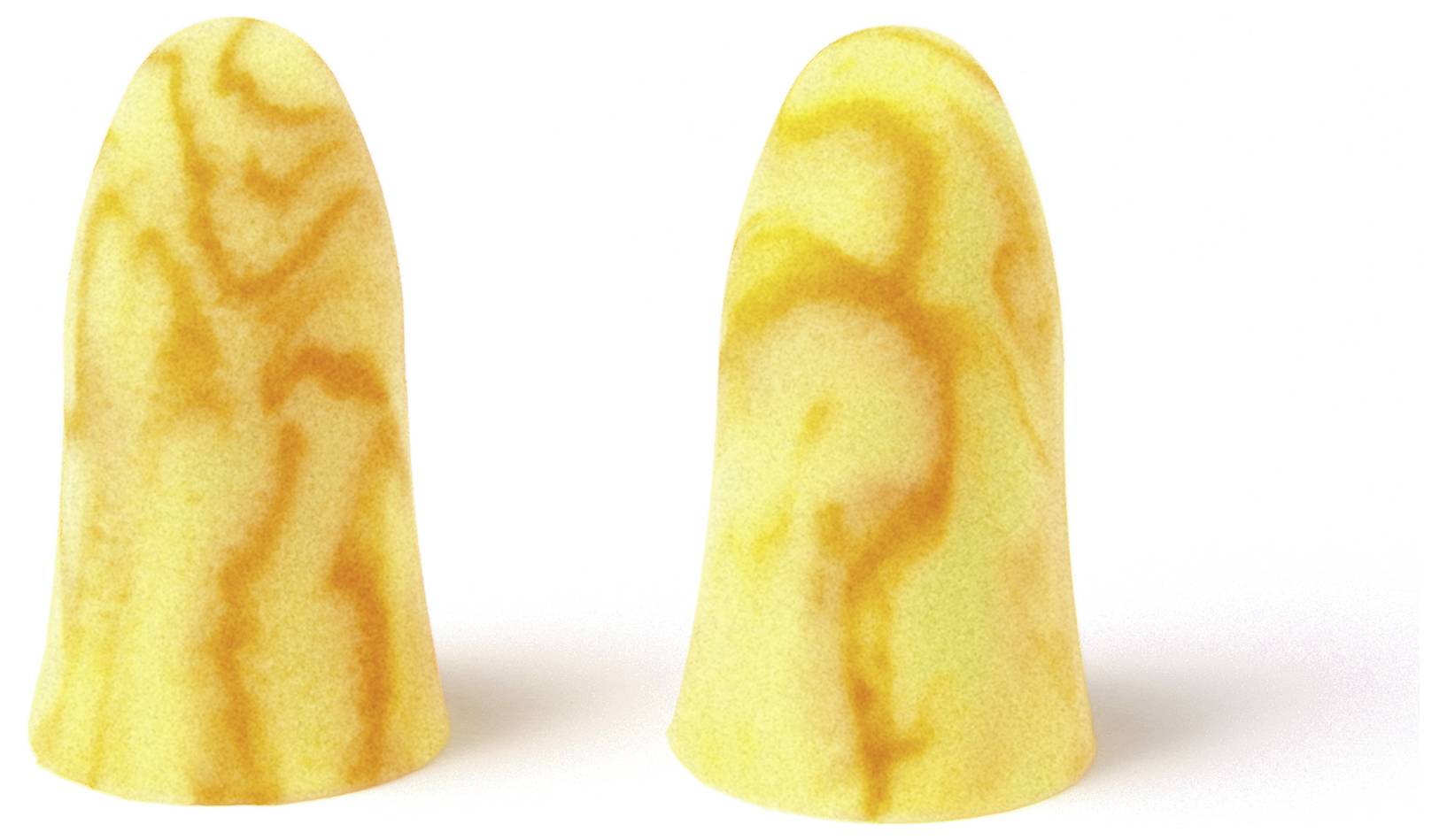 Twee geel en oranje gemarmerde schuimkaak oordopjes staan rechtop tegen een witte achtergrond.