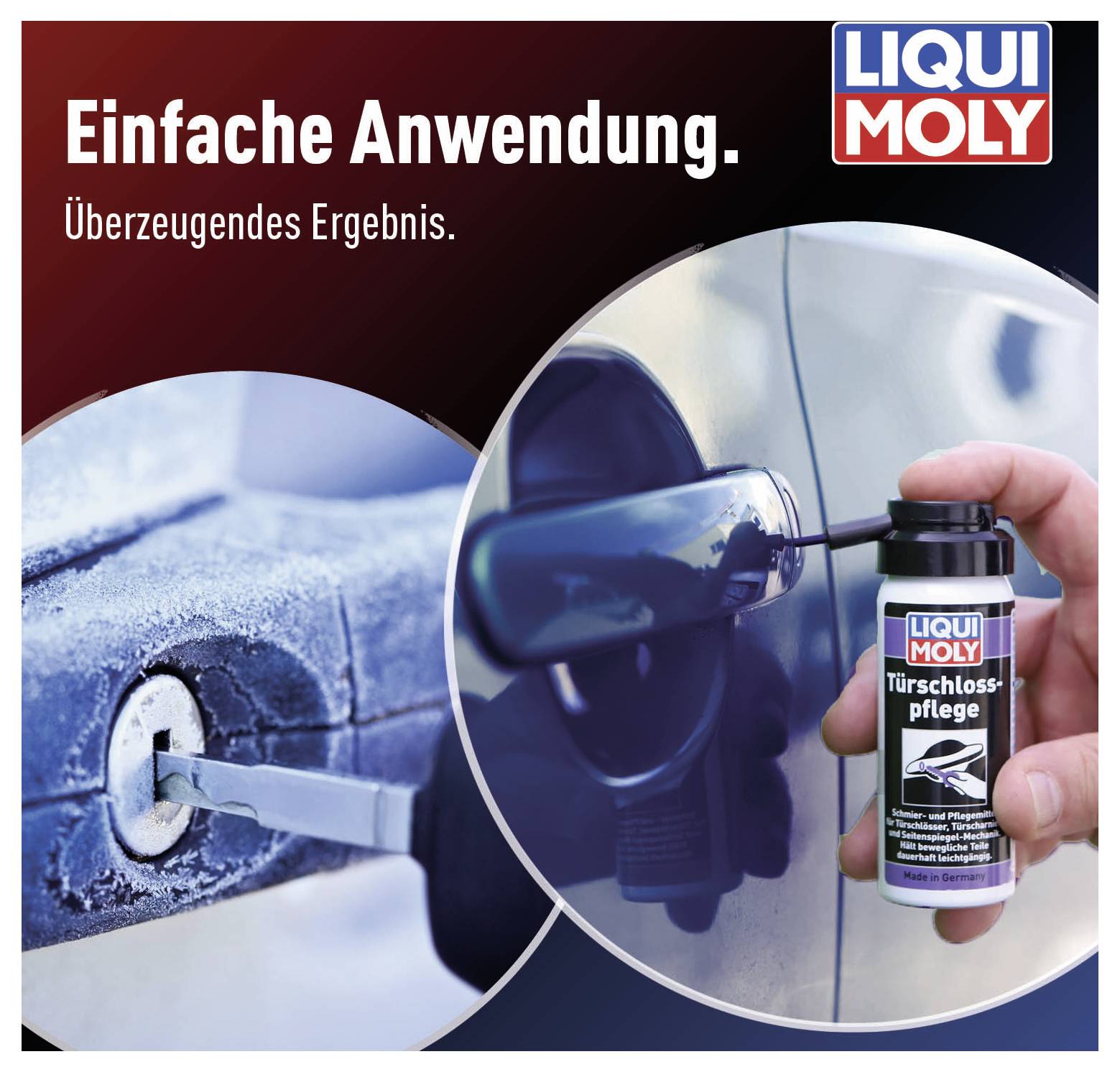 Een hand sproeit 'LIQUI MOLY Deurslot-Onderhoud' op een autoslot. Tekst: 'Eenvoudige toepassing. Overtuigend resultaat.'