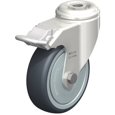 Metalen rol met houder, wiel van rubber, geschikt voor transportapparatuur, aan de zijkant voorzien van de opdruk 'Blickle Germany'.