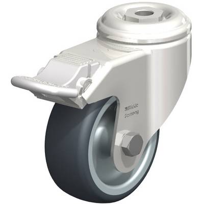 Een wit, zwenkbaar wiel met rem, ideaal voor meubels of apparaten. Het heeft een grijze rubberen band en een robuuste metalen bevestiging.