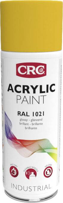 Gele spuitbus met het opschrift 'CRC Acrylverf RAL 1021'. Verdere kenmerken: glanzend, hittebestendig, snel drogende verf.