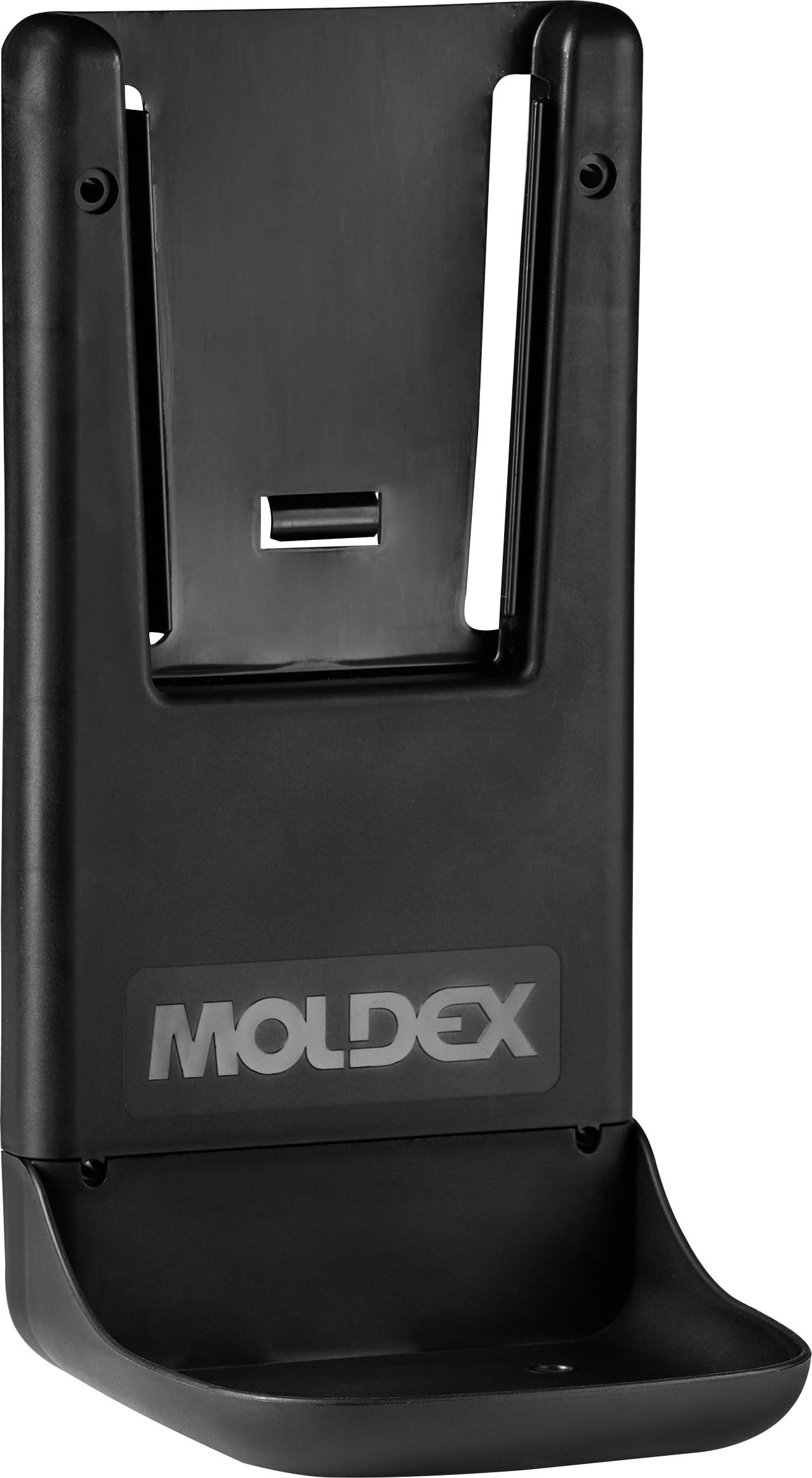 Een zwarte aan de muur gemonteerde houder met een 'MOLDEX'-logo, ontworpen om een item vast te houden of uit te geven, voorzien van een sleuf en een gebogen basis voor ondersteuning.