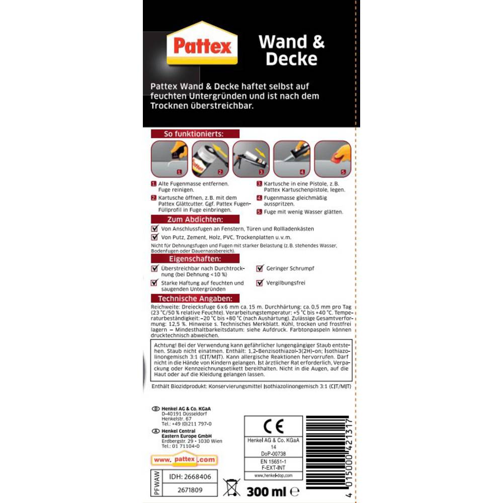 Pattex Wand & Decke Acryl Kleur (specifiek): Wit 300 ml
