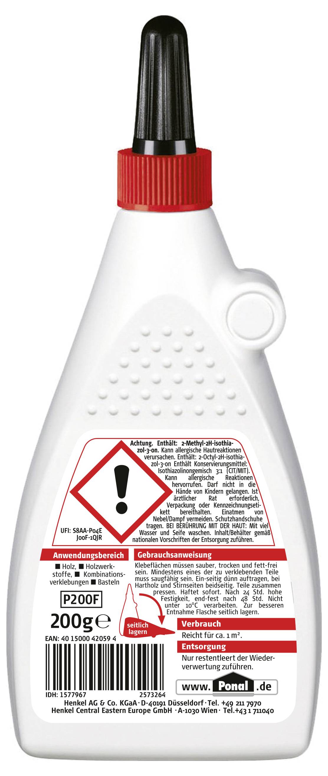 Een flesje lijm met een rode tuit en waarschuwingssymbolen op het etiket, inclusief een uitroepteken, die gevaarsinformatie aanduiden.