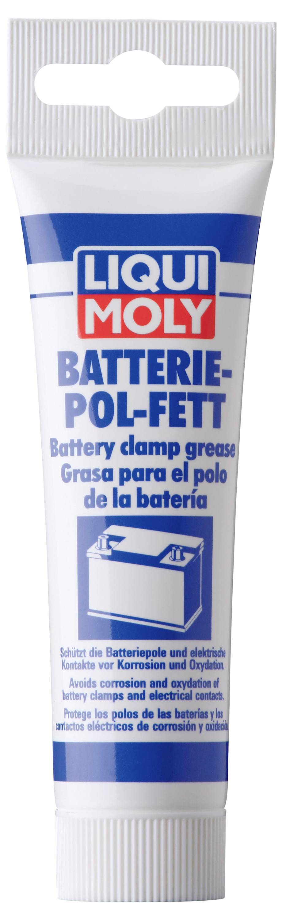 Tube met het label 'Liqui Moly Batterie-Pol-Fett' met meertalige instructies voor batterijklemvet, inclusief een batterijdiagram.