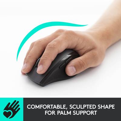 Hand houdt ergonomische muis vast, benadrukt comfort. Tekst: 'Comfortabele, handzaam gevormde muis'.