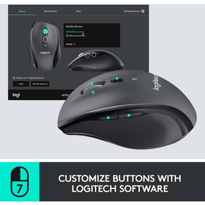 Aanpassing van de muistoetsen met Logitech-software, toont de configuratie van de middelste, bovenste en gebarentoets.