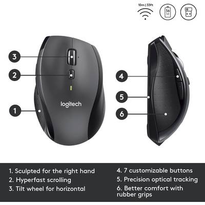 Een ergonomische muis met 6 knoppen en een kantelbaar scrollwiel, ontworpen voor de rechterhand. Functies omvatten snel scrollen en nauwkeurige tracking.