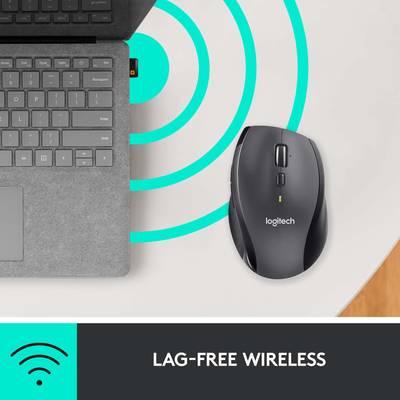 Een laptop en een Logitech-muis op een tafel, met radiogolven gesymboliseerd. Tekst onderaan: 'Vertragingsvrij en draadloos'.