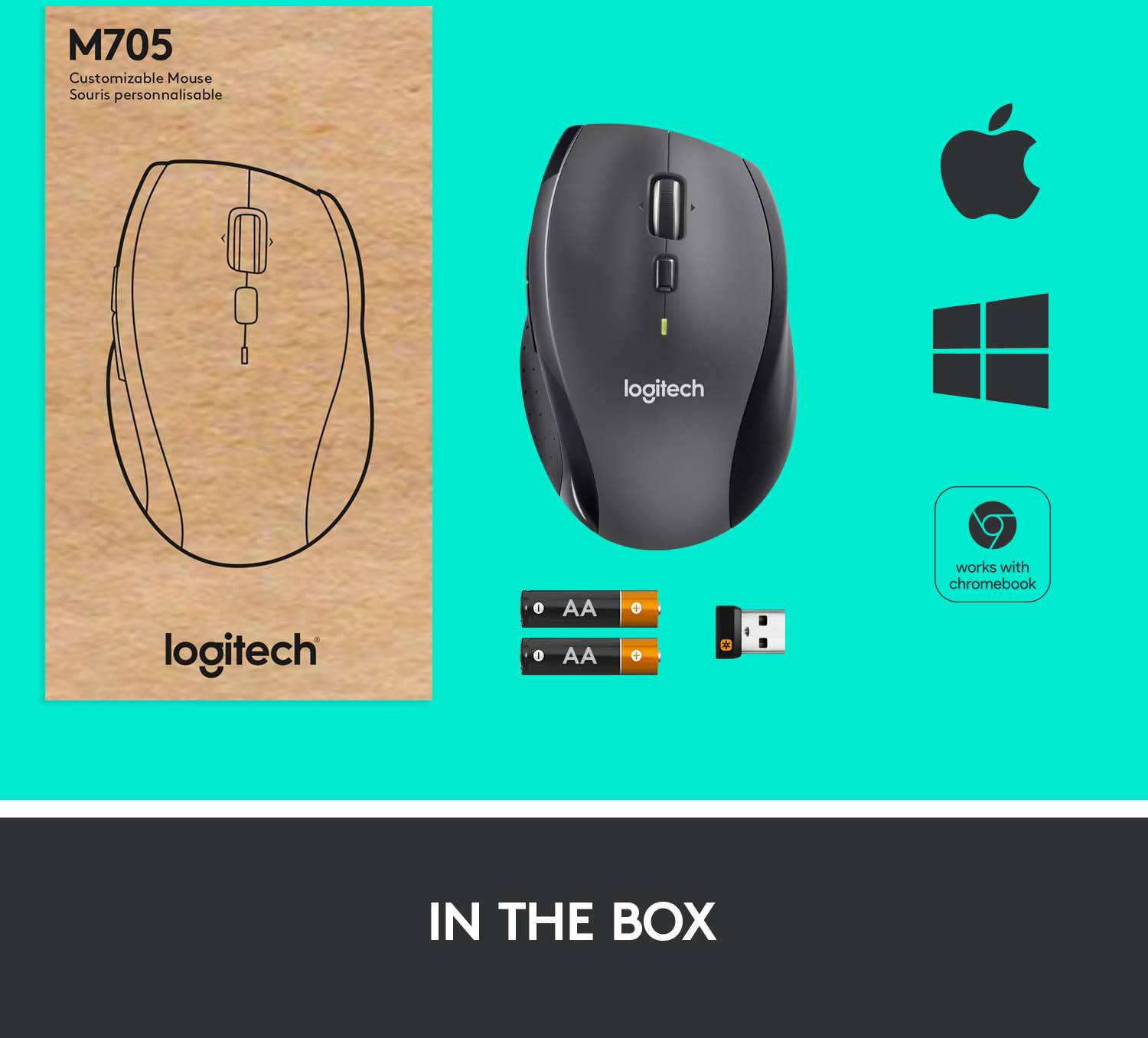 'Logitech M705 muis' en verpakking op een blauwe achtergrond, met 'Apple', 'Windows' en 'Chromebook' logo's. Batterijen en USB-ontvanger inbegrepen.