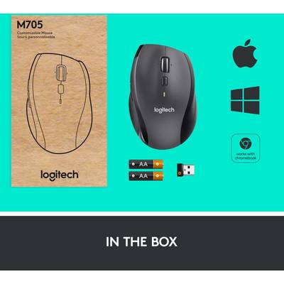 'Logitech M705 muis' en verpakking op een blauwe achtergrond, met 'Apple', 'Windows' en 'Chromebook' logo's. Batterijen en USB-ontvanger inbegrepen.