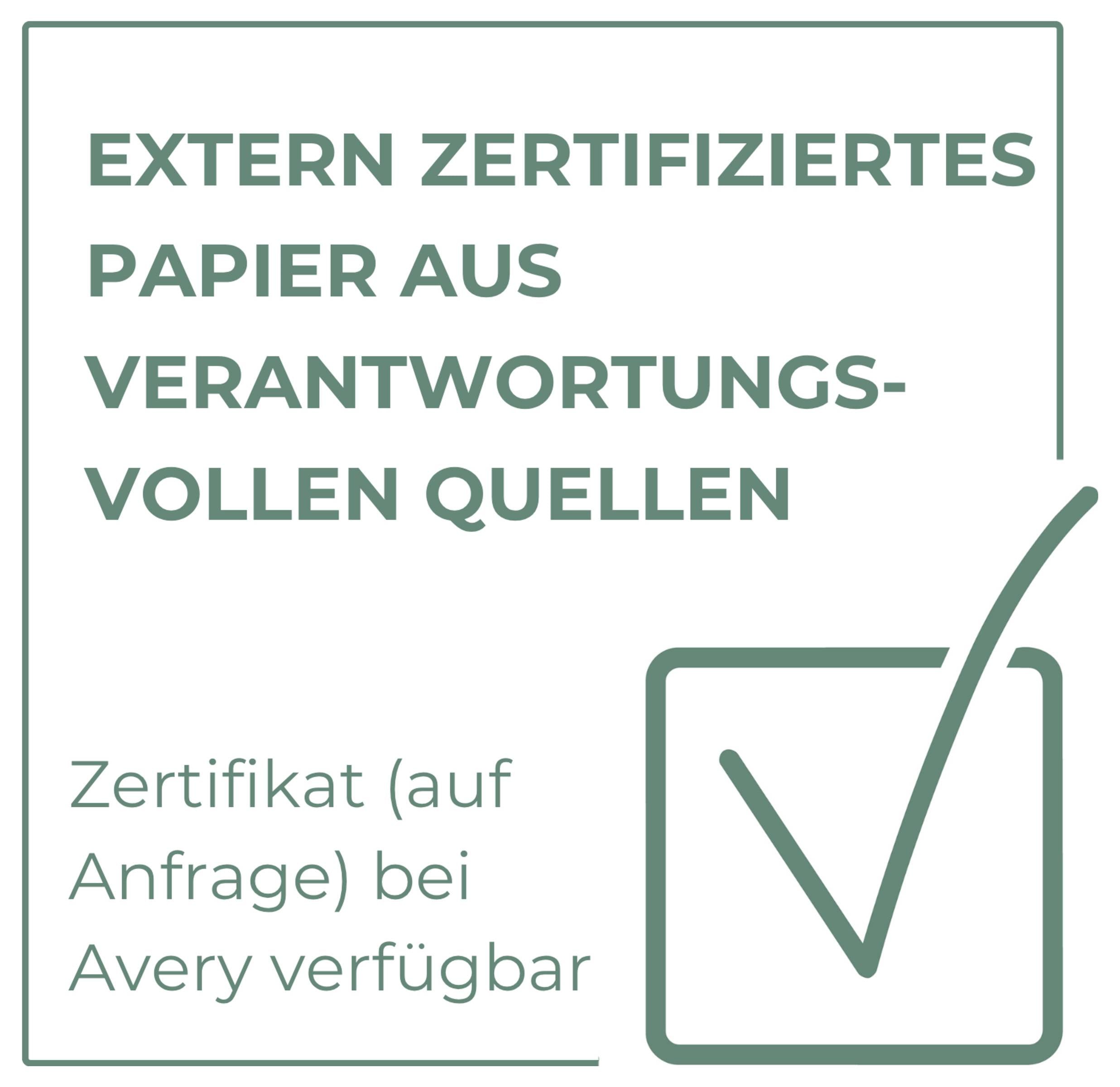 Grafiek met groen vinkje: 'Extern gecertificeerd papier uit verantwoorde bronnen'; Opmerking 'Certificaat (op aanvraag) beschikbaar bij Avery'.