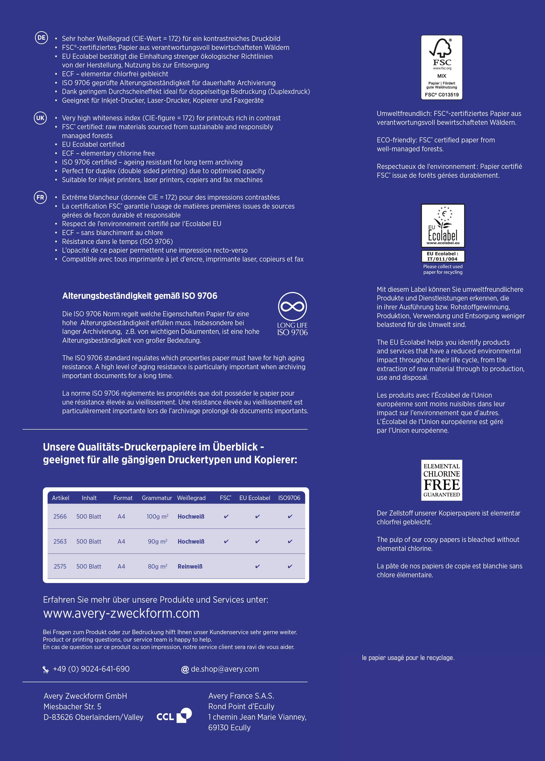 Productbeschrijving voor printpapier: Eigenschappen zoals hoge witheid, FSC-certificering, duurzaamheid conform ISO 9706 en milieuvriendelijkheid.