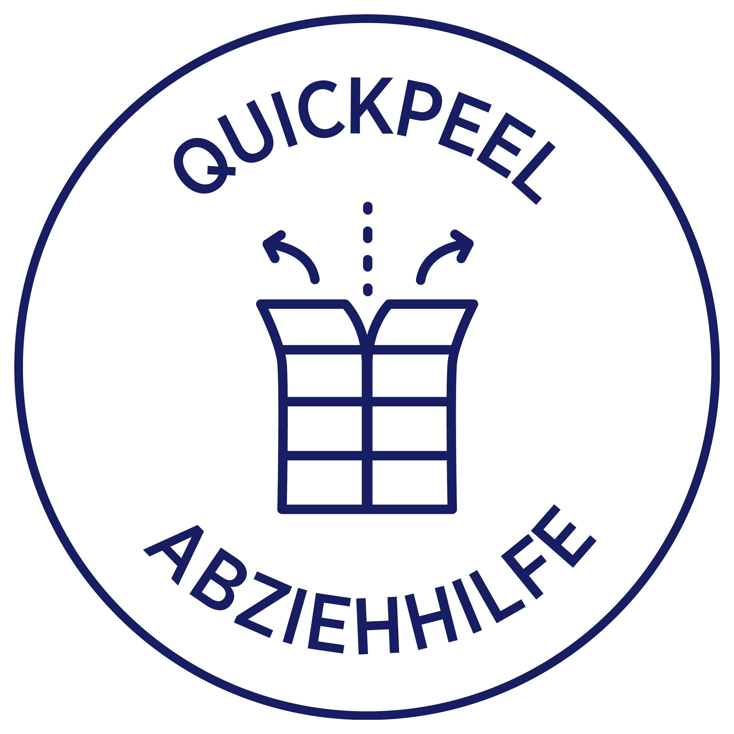 Cirkellogo met open pakket en pijlen, geëtiketteerd met 'QUICKPEEL AFTREKSTEEN'.