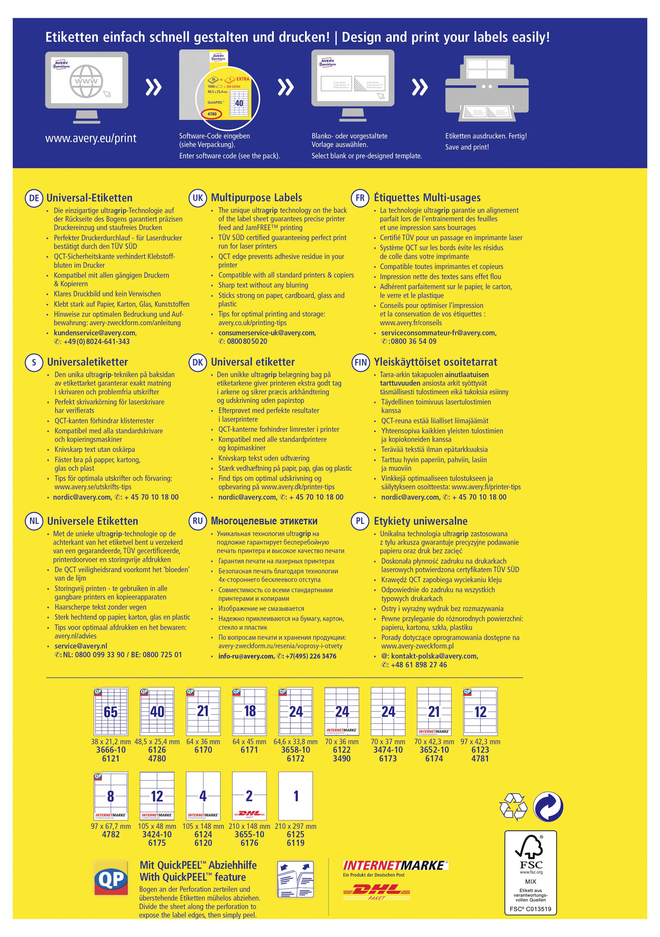 Gele meertalige labelcatalogusposter met een 3-stappenproces voor het ontwerpen, afdrukken en aanbrengen van labels, met productcategorieën, maatstafmonsters en merklogo's.