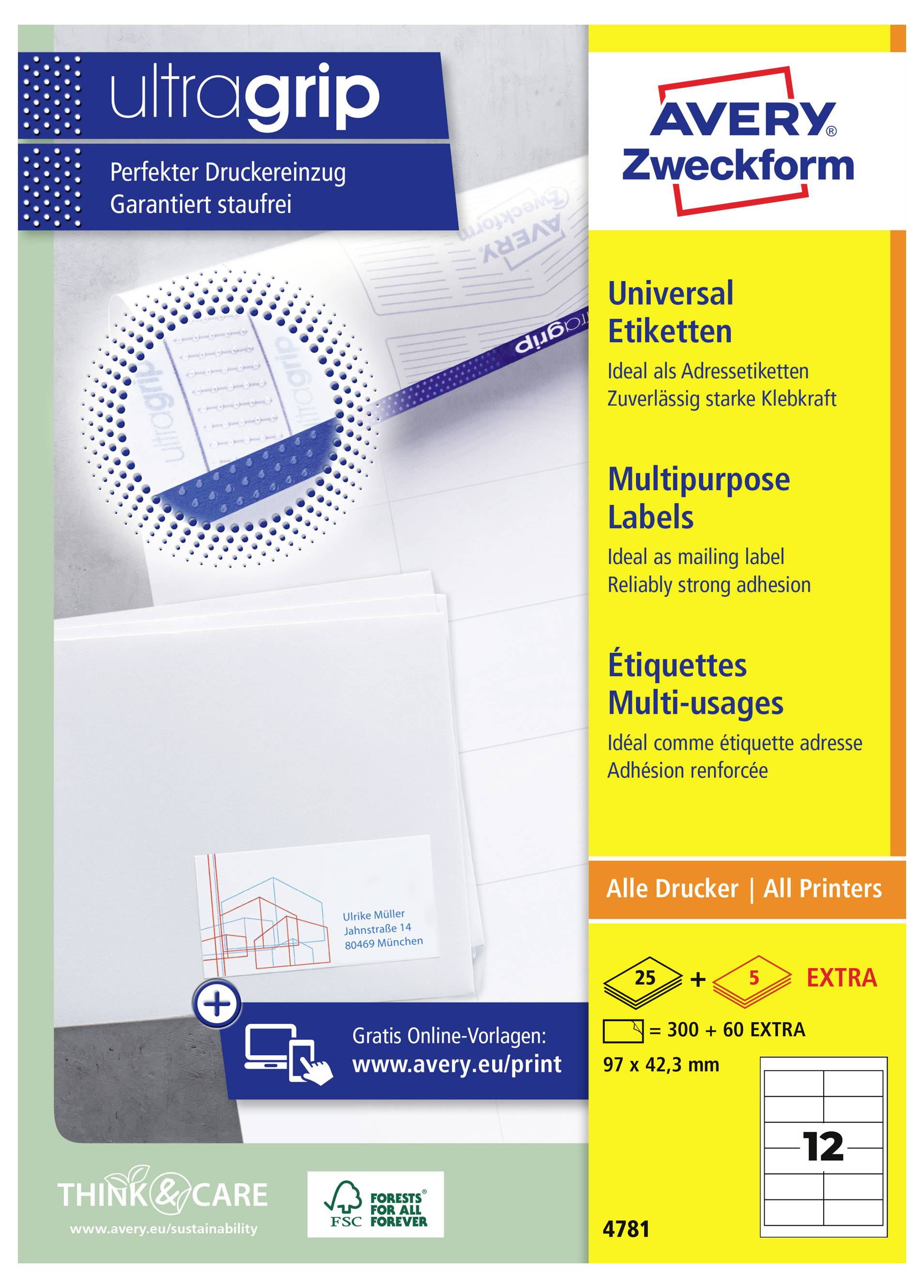 Avery Zweckform ultragrip adresetiketten pakket voor alle printers, met universele multifunctionele etiketten met sterke kleefkracht en afmeting 97 x 42,3 mm, 12 etiketten per vel.
