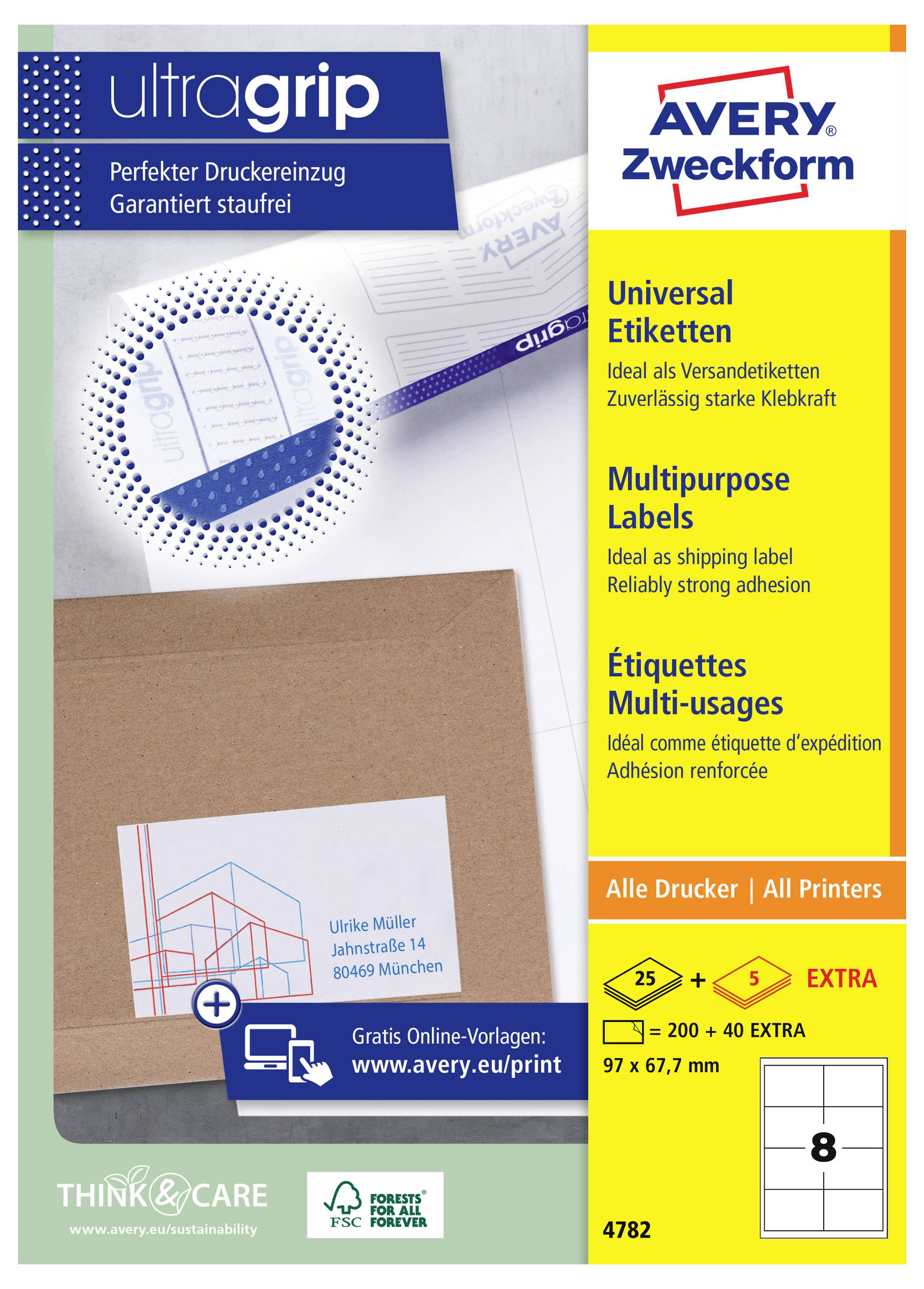 Avery Zweckform 'ultragrip' universele multifunctionele labels advertentie met een bruine verzendingsdoos met een label, productvoordelen en verpakkingsgegevens voor alle printers.