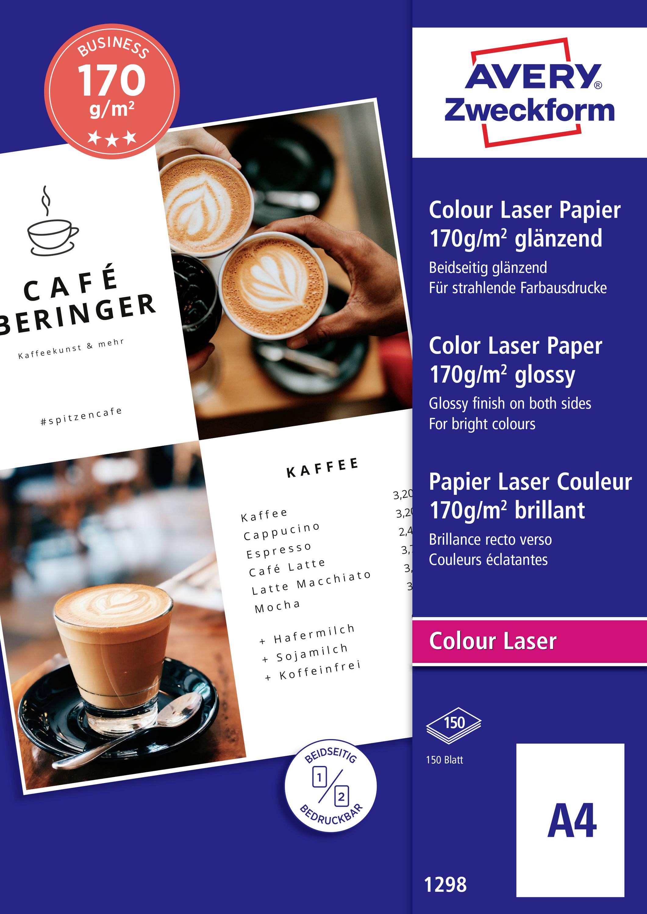 Avery Zweckform A4 kleurenlaserpapier pak, 170 g/m² glanzend aan beide zijden, 150 vellen, weergegeven met voorbeeldafdrukken van cafémenu's.