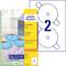 Verpakking met CD-labels van Avery. Bevat afbeelding van labels op cd's, instructies en nummer '2' voor centrering. Geschikt voor alle printers.