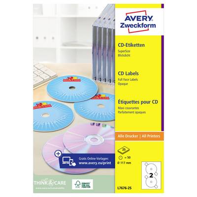 Avery Zweckform CD-etiketpakket met blauwe en roze ronde CD-etiketten, met tekst 'CD-Etiketten', 'CD Labels', en 'Étiquettes pour CD' voor alle printers.