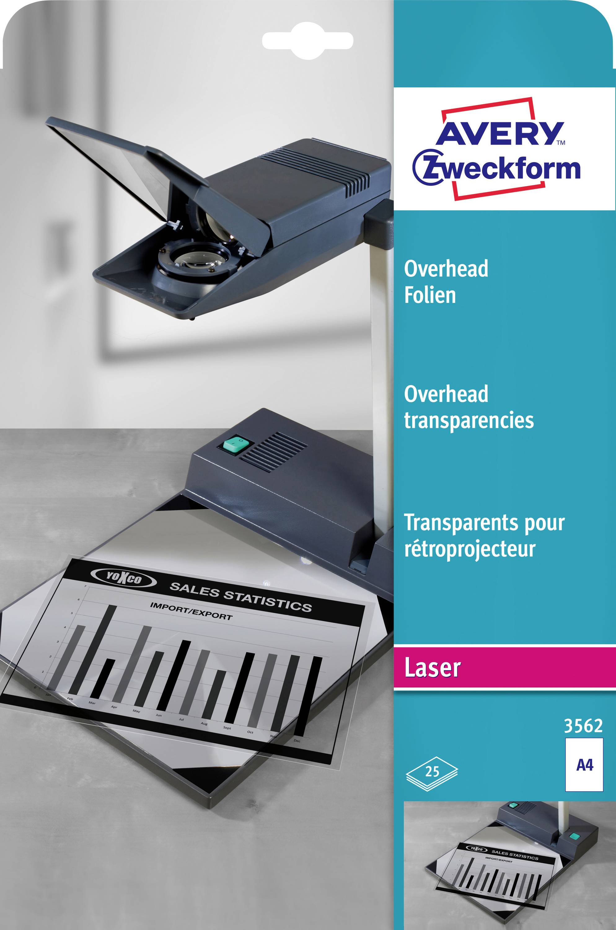 Avery Zweckform-pakket voor overheadfolies en laserbladen, met weergave van folies boven een projector en een voorbeeldverkoopstatistiekblad.