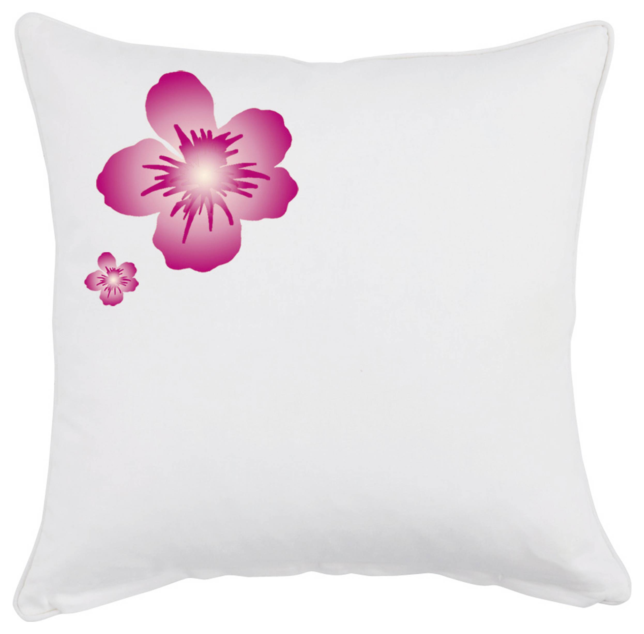 Wit kussen met twee roze bloemenmotieven linksboven.