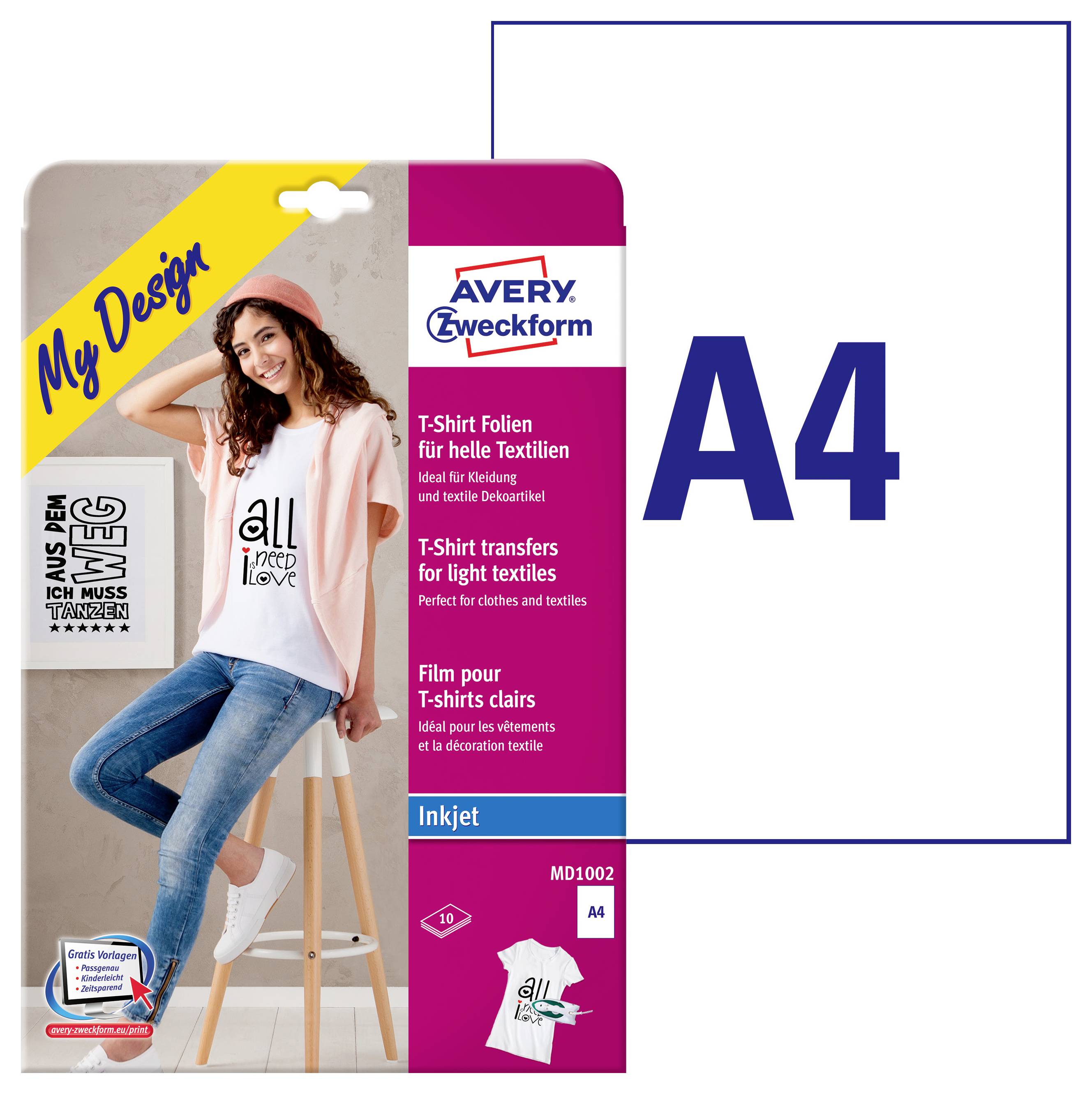 Avery Zweckform A4 T-shirt transferpapier verpakking, met een vrouw in een bedrukt shirt en de tekst 'A4' aan de rechterkant.