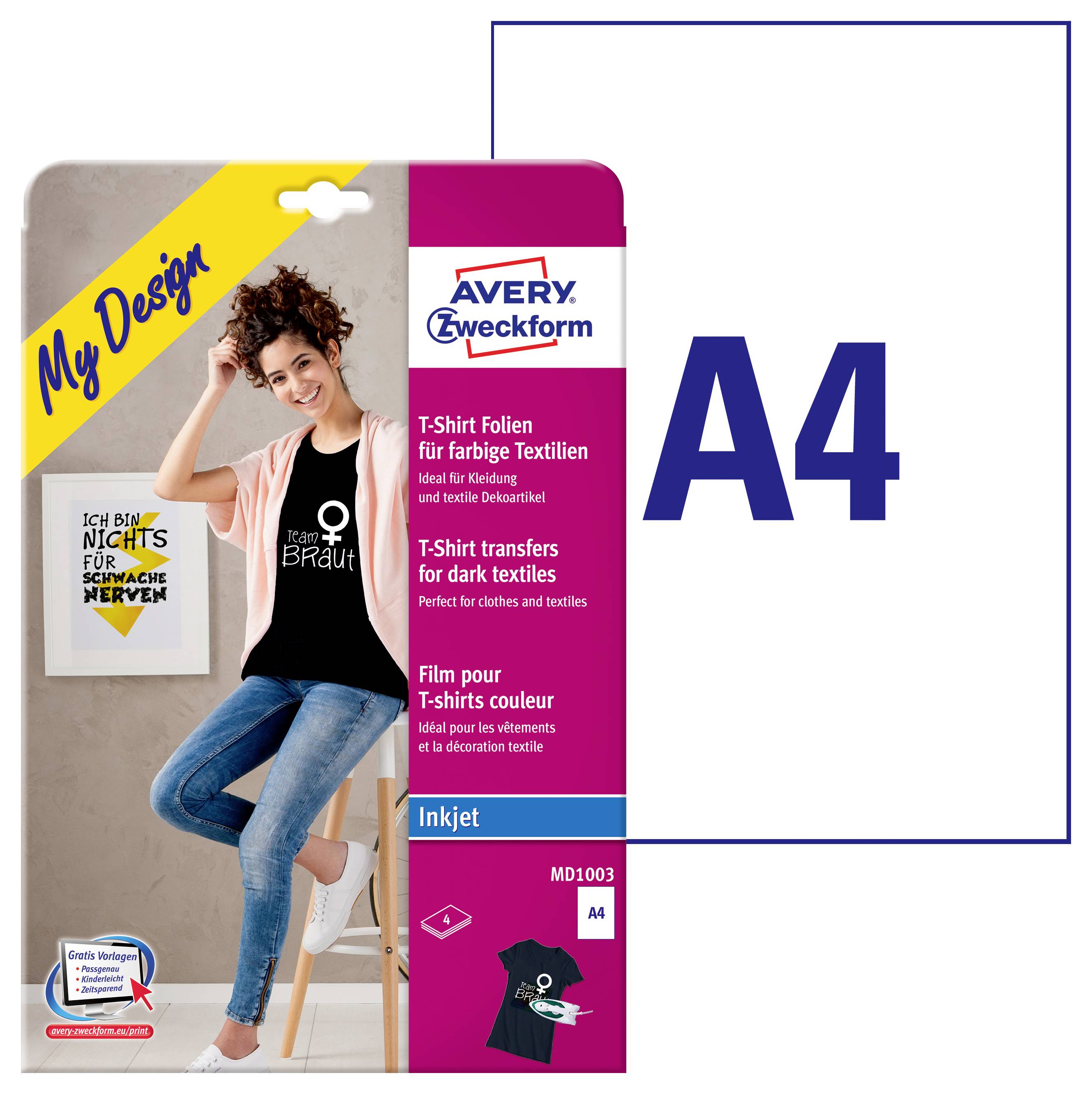 Avery Zweckform A4 inkjet T-shirt transferfilm verpakking weergegeven naast een groot A4-etiket.
