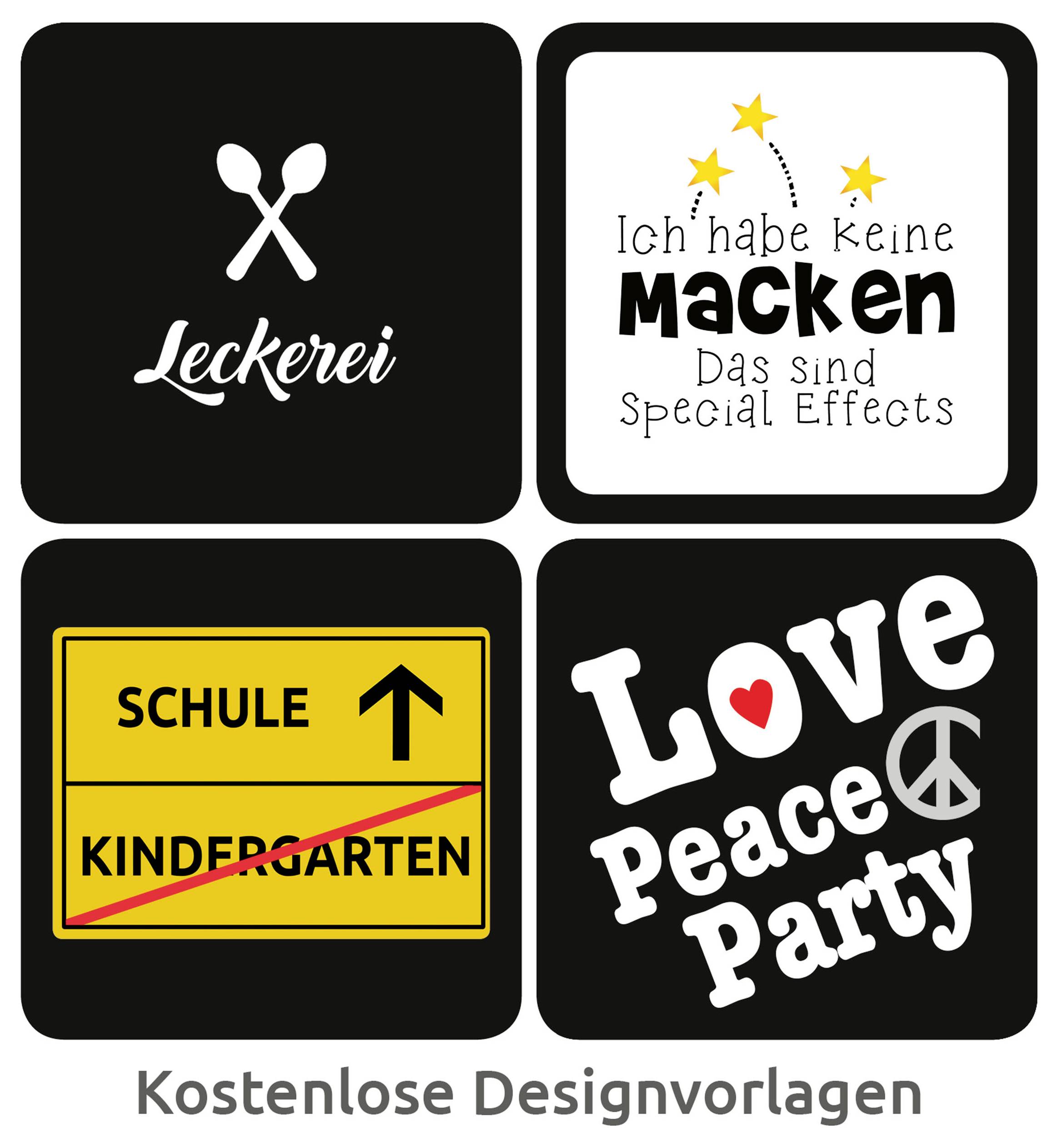Vier ontwerpsjablonen als tegels: 'Lekkernij', 'Ik heb geen gebreken', School- en kleuterschool-bord, en 'Love Peace Party'; eronder 'Gratis ontwerpsjablonen'.