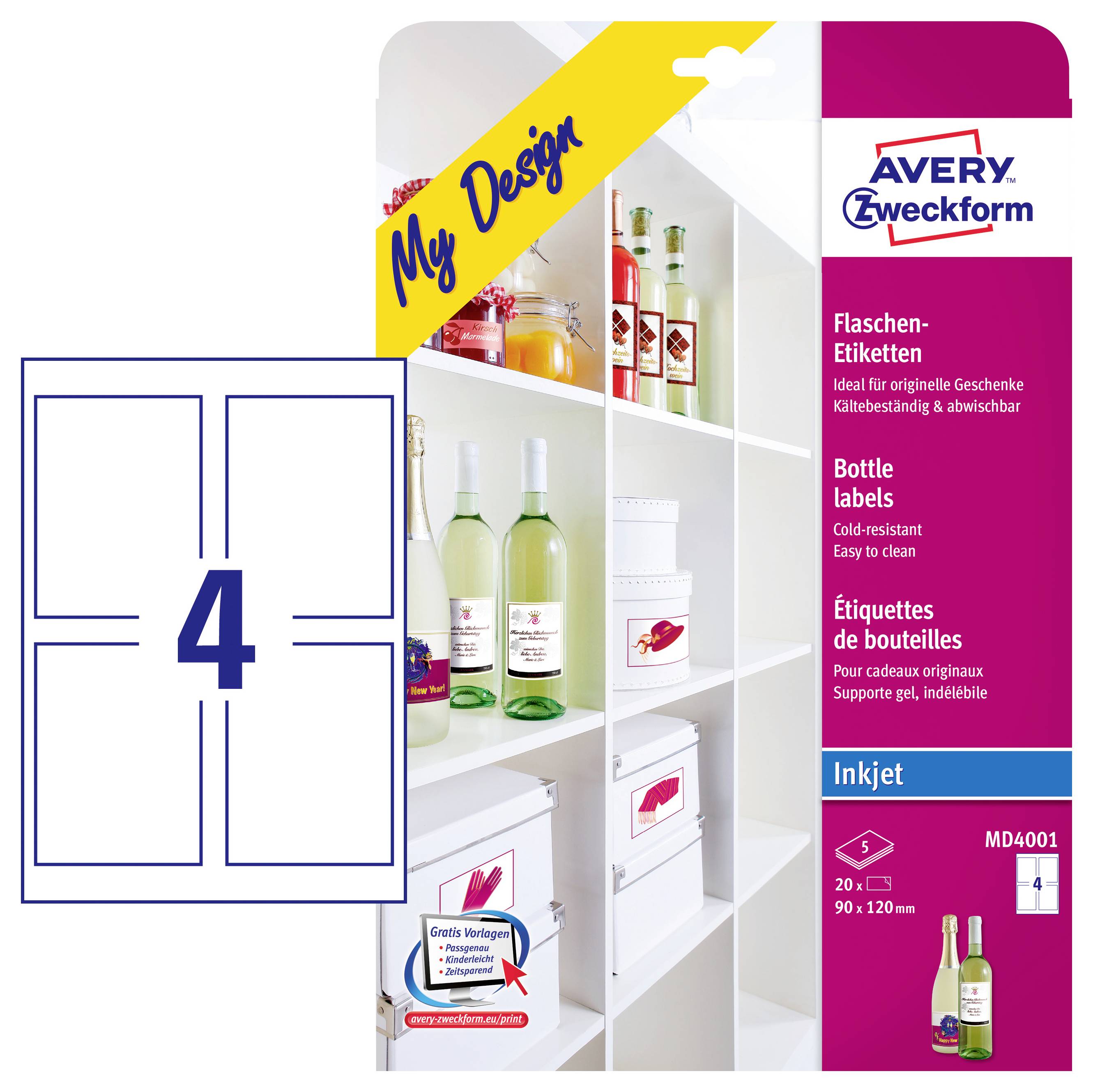 Verpakking voor Avery Zweckform flessenlabels MD4001, formaat 90 × 120 mm, inhoud 4 labels; weergegeven op flessen en dozen in een schap.