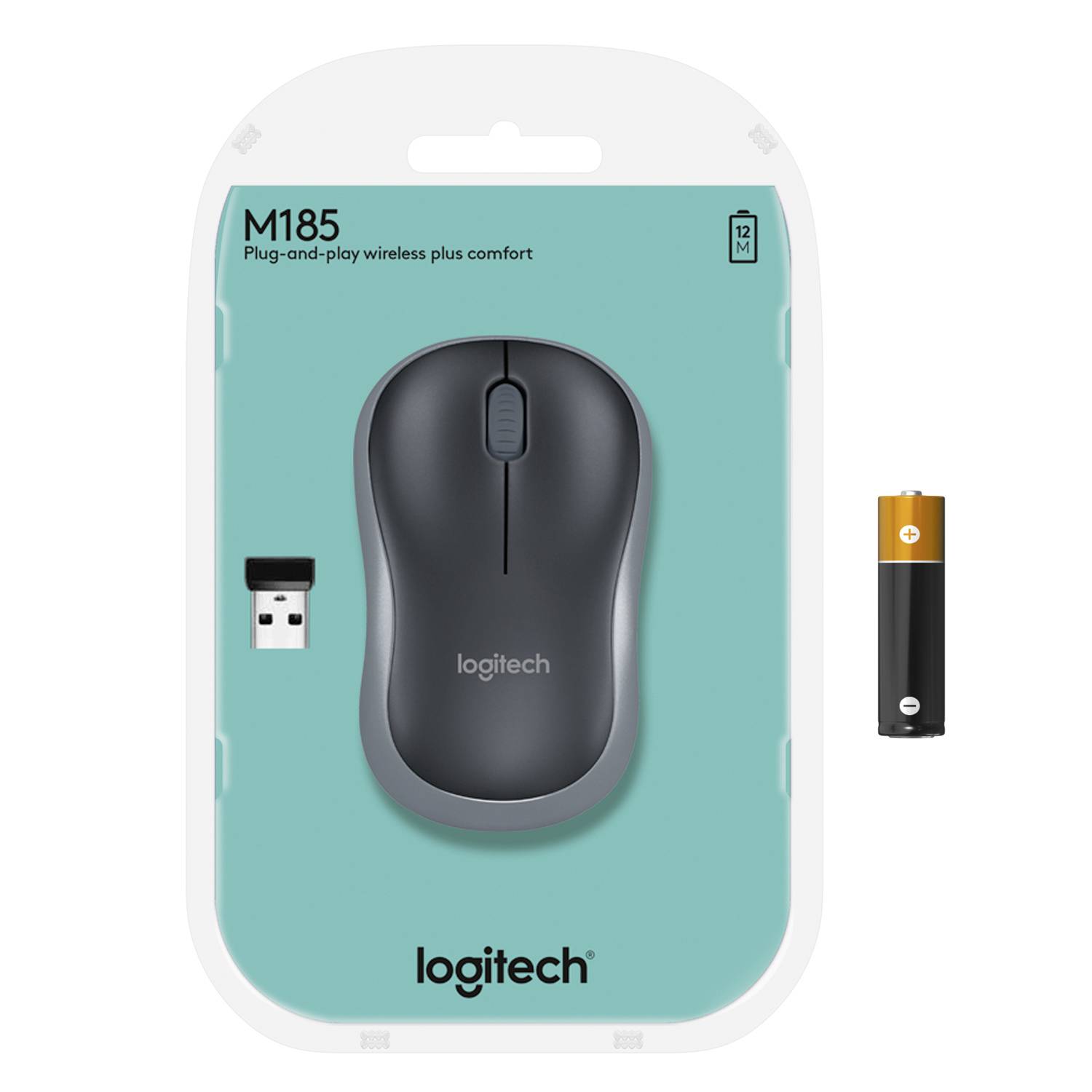 Draadloze Logitech M185 muis in verpakking met USB-ontvanger en batterij; aangeprezen als comfortabel en direct klaar voor gebruik.