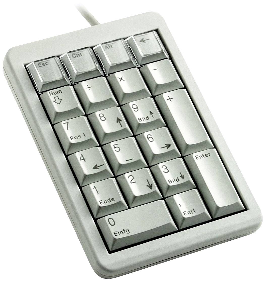 Externe numeriek toetsenbord met witte toetsen en een grijs behuizing. Bevat cijfers, rekenkundige bewerkingen en navigatietoetsen.