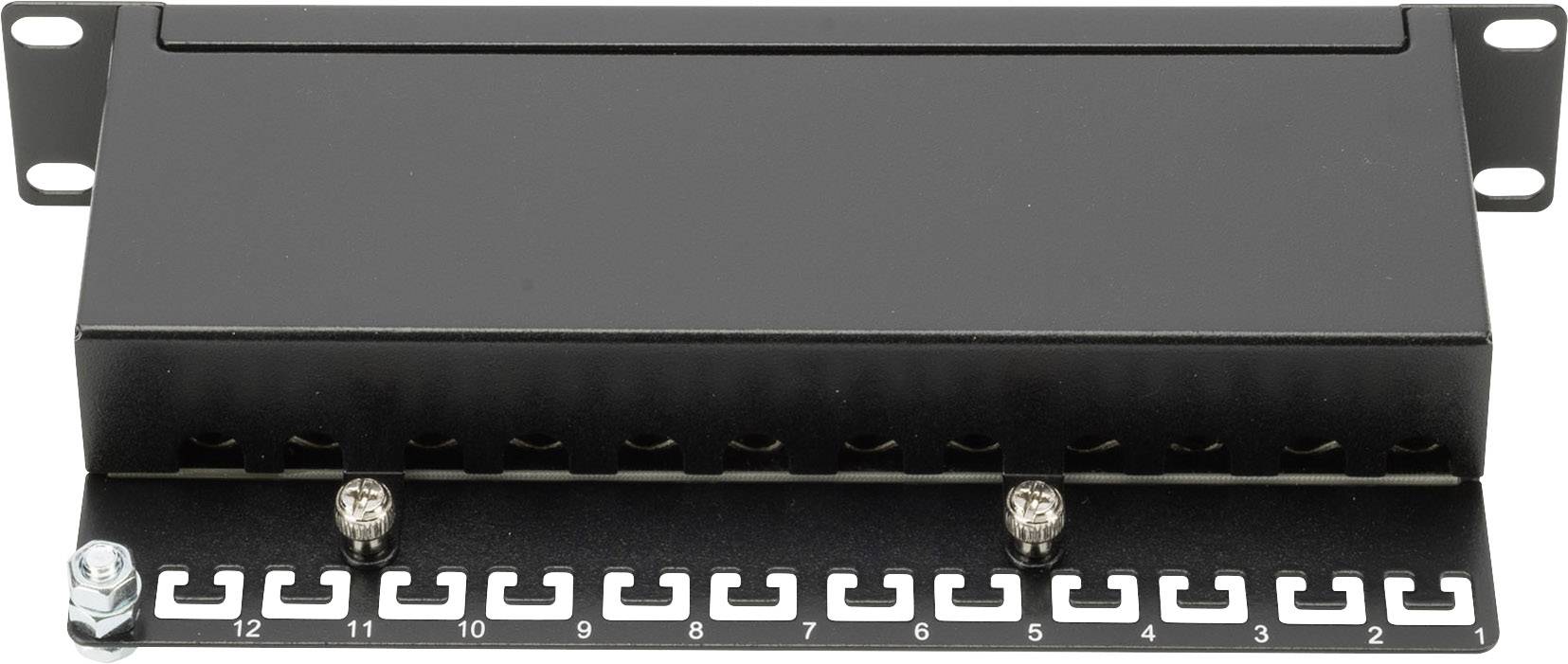 Zwart netwerk-patchpanel met genummerde poorten van 1 tot 12. Voornamelijk gebruikt voor kabelbeheer en verbindingen in IT-racks.