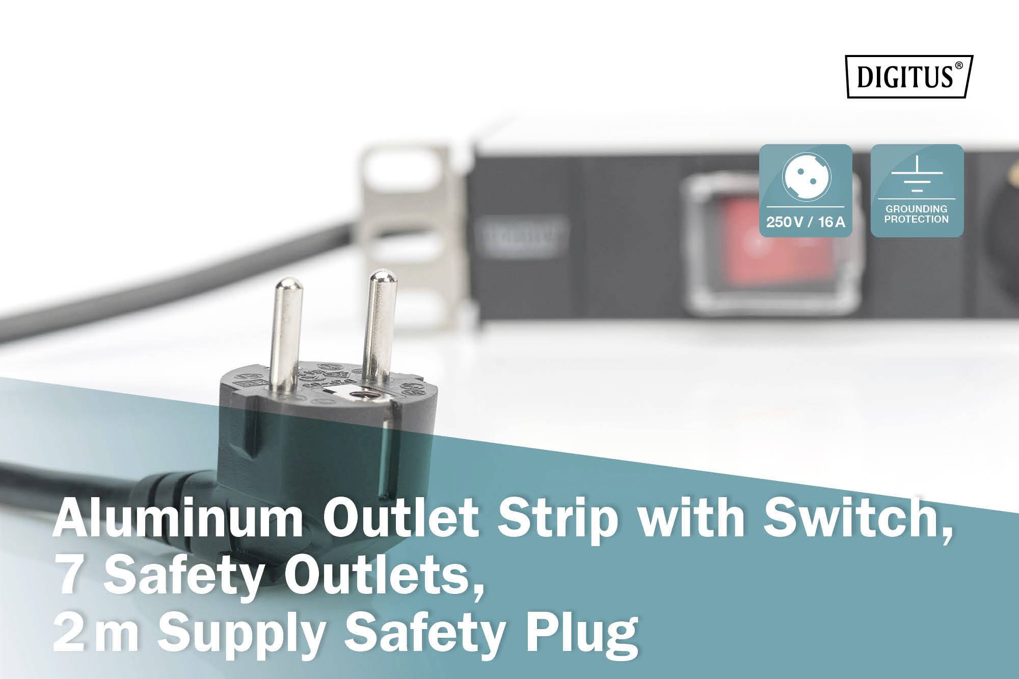 Aluminium stekkerdoos met schakelaar, 7 veiligheidsstopcontacten, 2 m voedingskabel met veiligheidsstekker; 250V/16A, beschermingsfunctie.