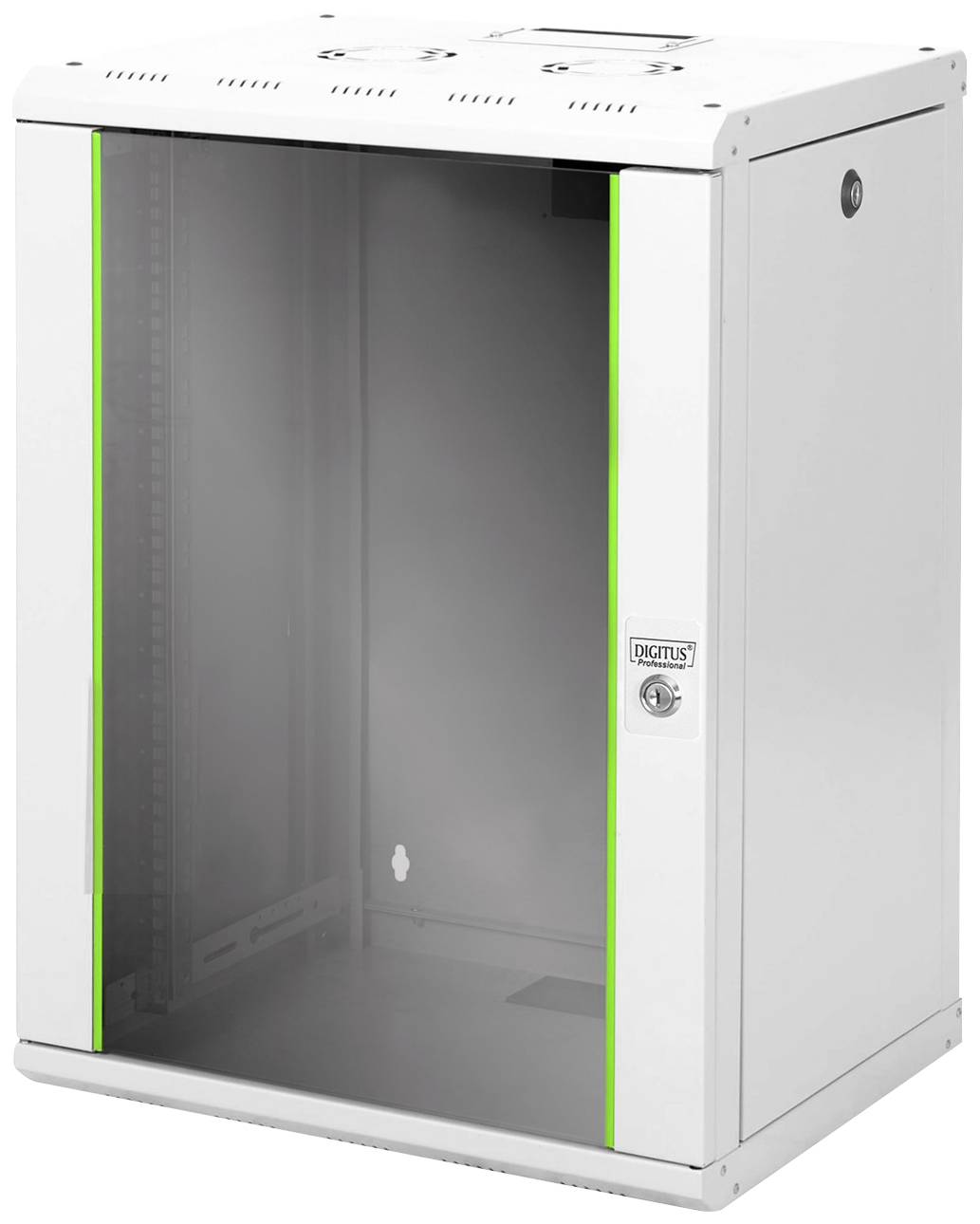 Een witte wandkast voor IT-apparatuur met glazen deur en slot, geschikt voor veilige opslag van netwerkcomponenten.