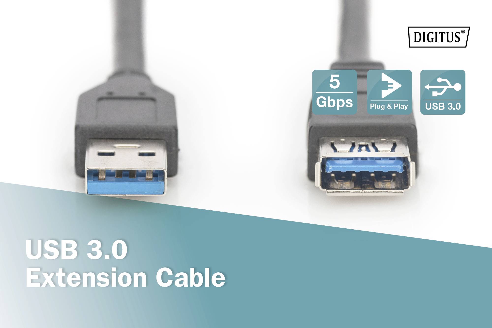 USB 3.0 verlengkabel. Toont twee aansluitpunten, aanduidingen '5 Gbps', 'Plug & Play', 'USB 3.0', en merklogo rechtsboven.