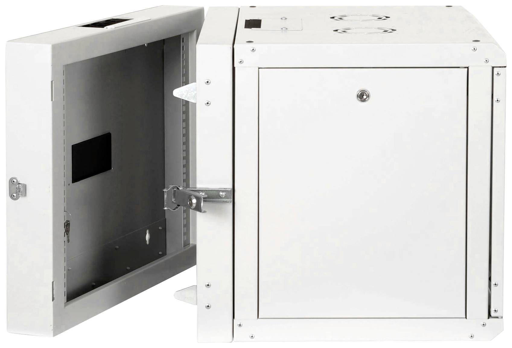 Een gesloten, witte metalen kast met een openstaande deur, waarbij de inwendige bevestigingsbeugels en uitsparingen voor technische installatie zichtbaar zijn.