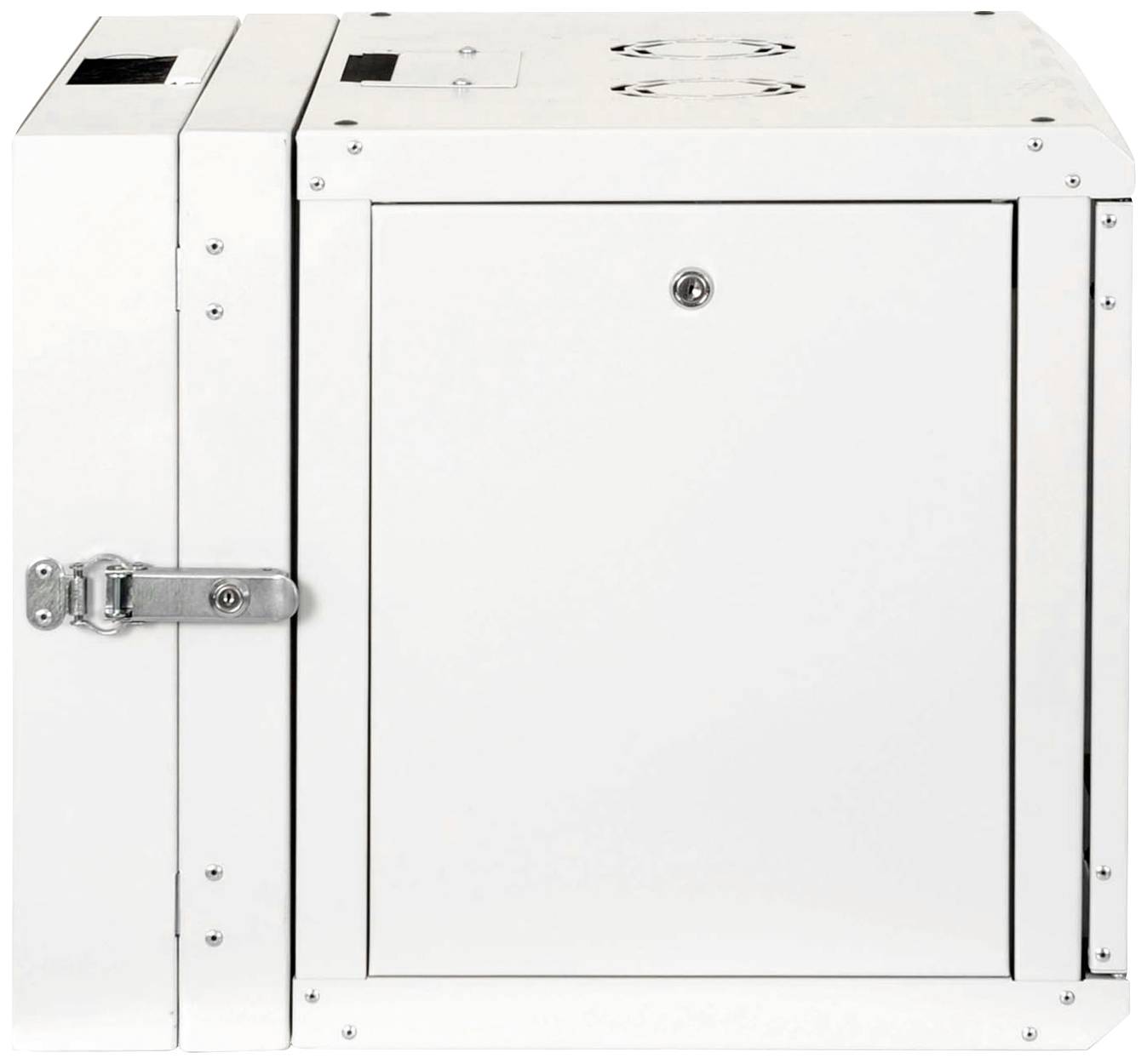 Witte, rechthoekige, gesloten metalen kast met scharnieren en een slot.