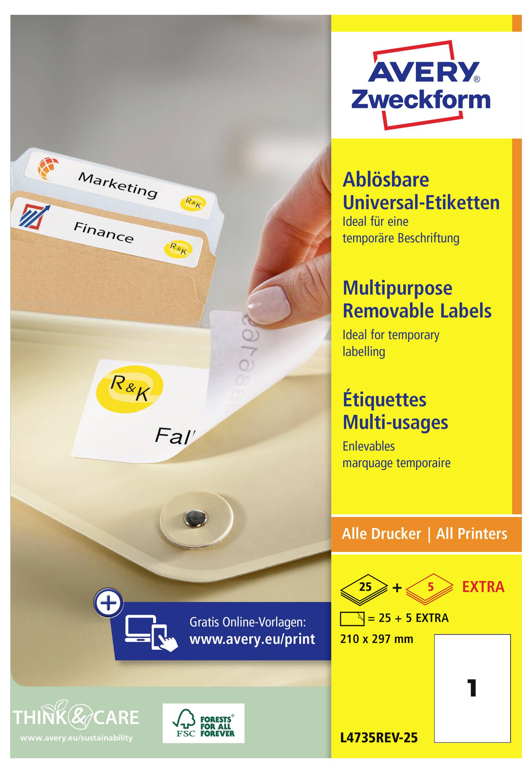 Avery Zweckform verwijderbare etiketten verpakking met afbeelding van een hand die een etiket van een map afpelt, met tekst voor meertalige multifunctionele verwijderbare etiketten en alle printers.