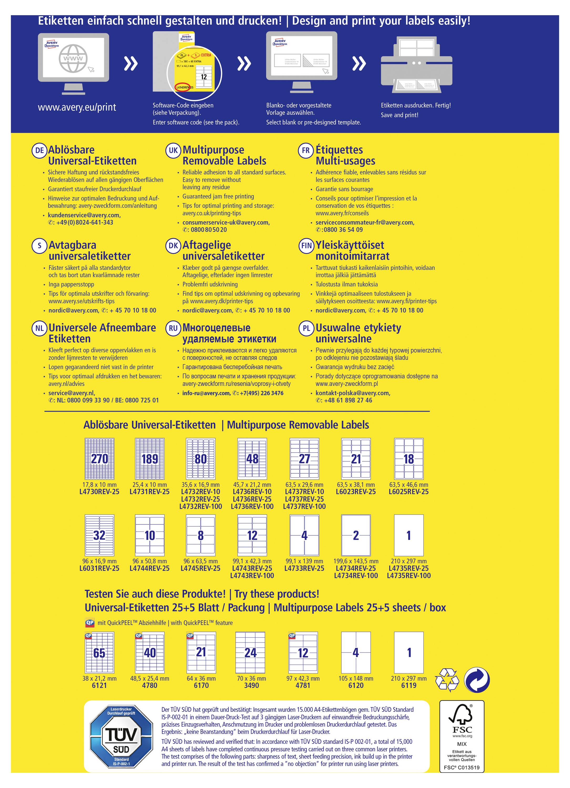 Een meertalig etiketproductposter met stappen voor het ontwerpen en afdrukken van etiketten, met productcategorieën, etiketformaten en hoeveelheidsgrafieken voor verwijderbare en permanente zelfklevende etiketten.