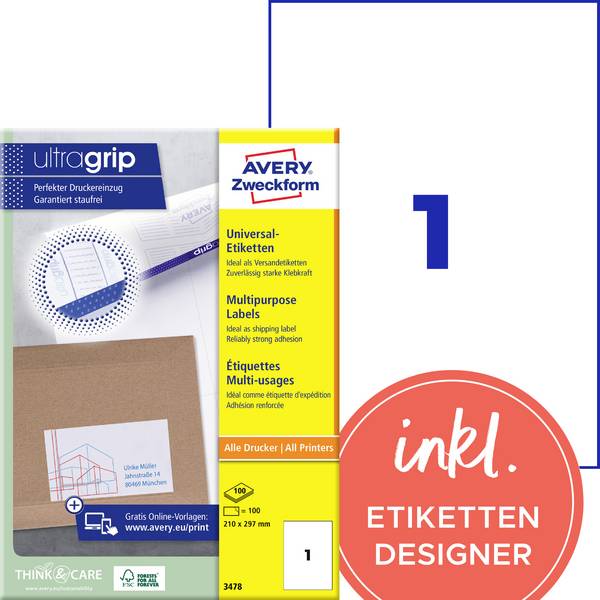 Avery-Zweckform 3478 Universele etiketten 210 x 297 mm Papier Wit 100 stuk(s) Permanent hechtend Inkjet, Laser (zwart/wit), Laser (kleur), Kopiëren (zwart/wit), Kopiëren (kleur), Handschriften