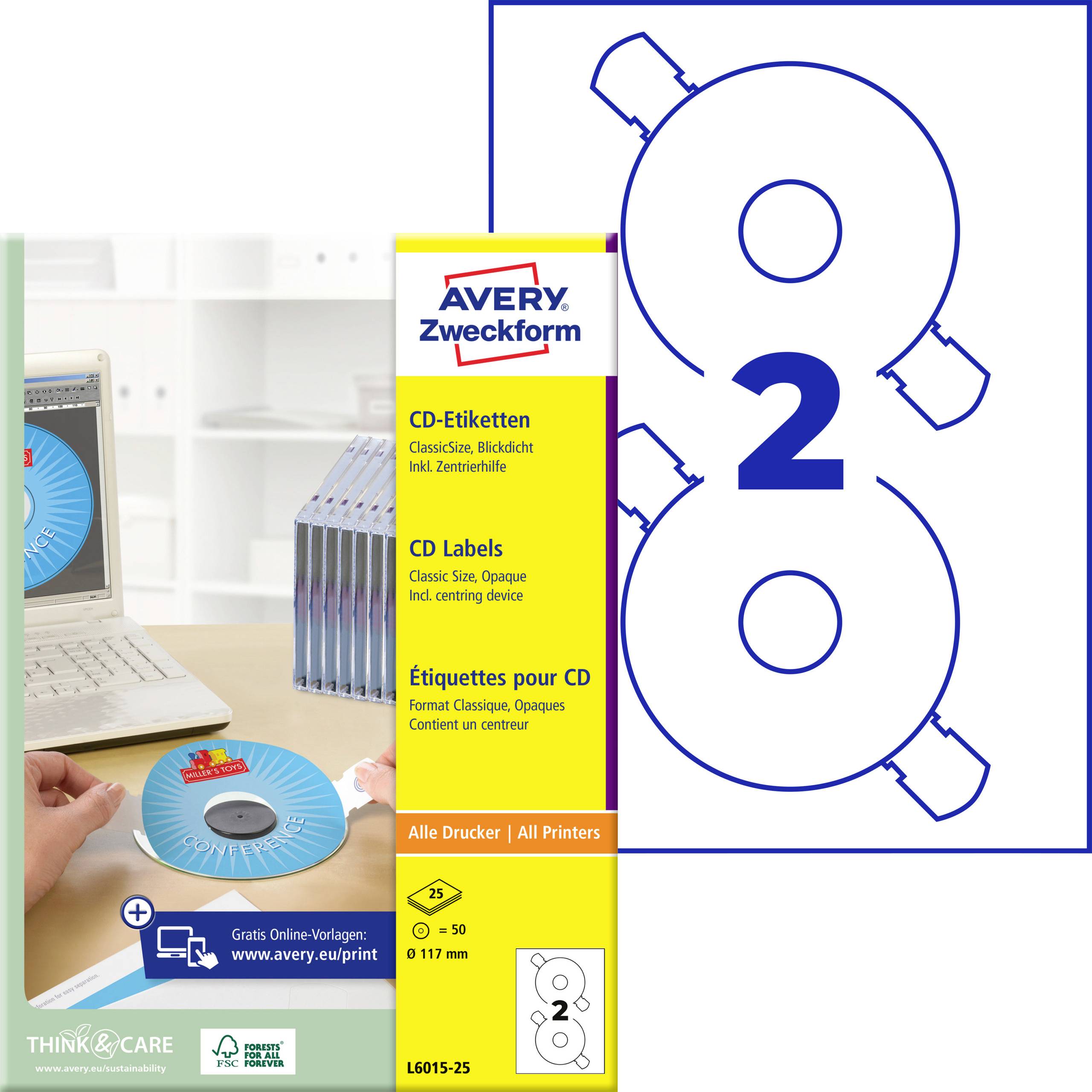 Avery-Zweckform L6015-25 CD-etiketten Ø 117 mm Papier Wit 50 stuk(s) Permanent hechtend Inkjet, Laser (zwart/wit), Laser (kleur), Kopiëren (zwart/wit),