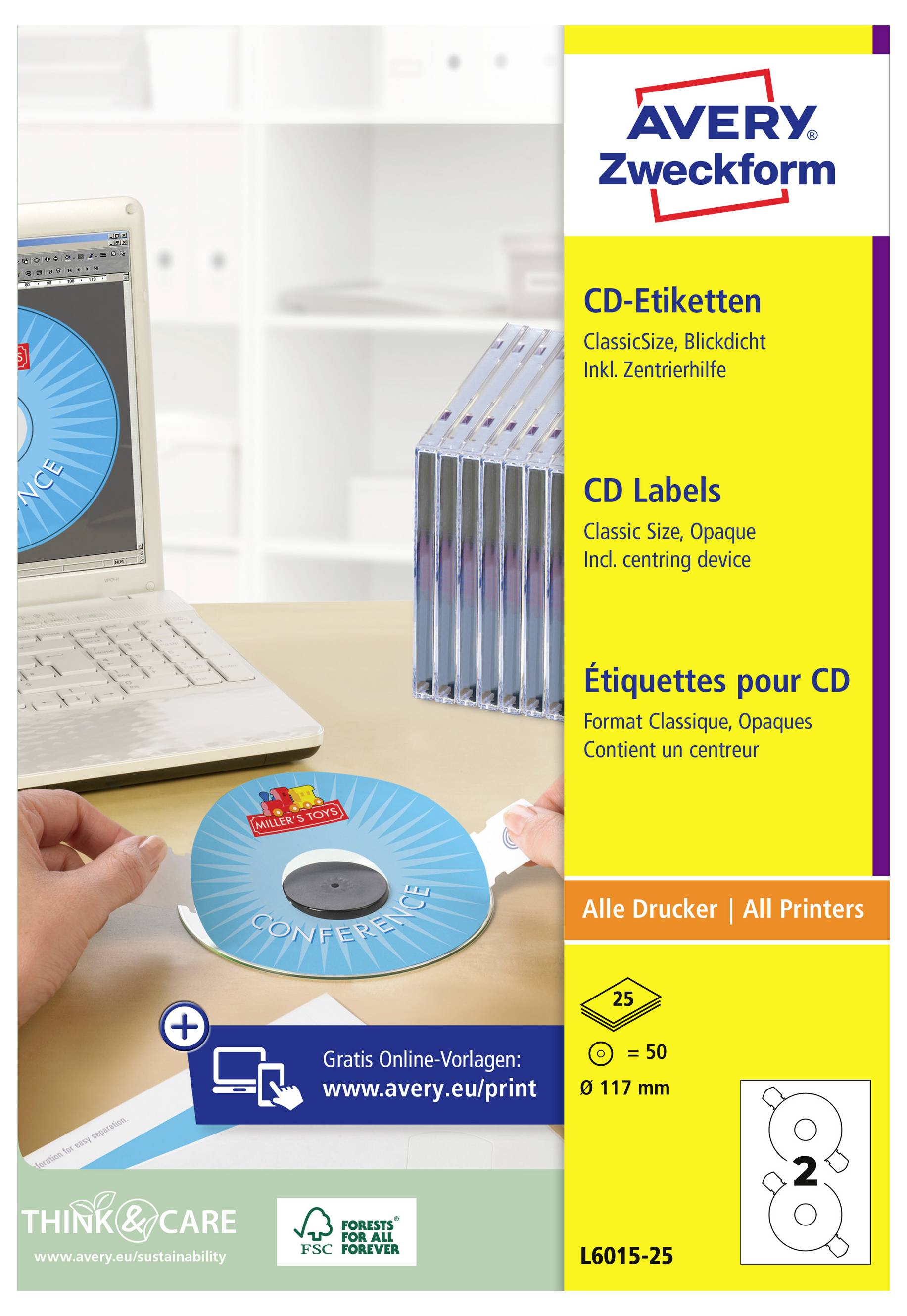 Avery Zweckform CD-etiketten verpakking weergegeven naast een laptop en handen die een blauwe CD-etiket plaatsen; verpakking vermeldt meertalige productgegevens en hoeveelheid van 25 vellen.