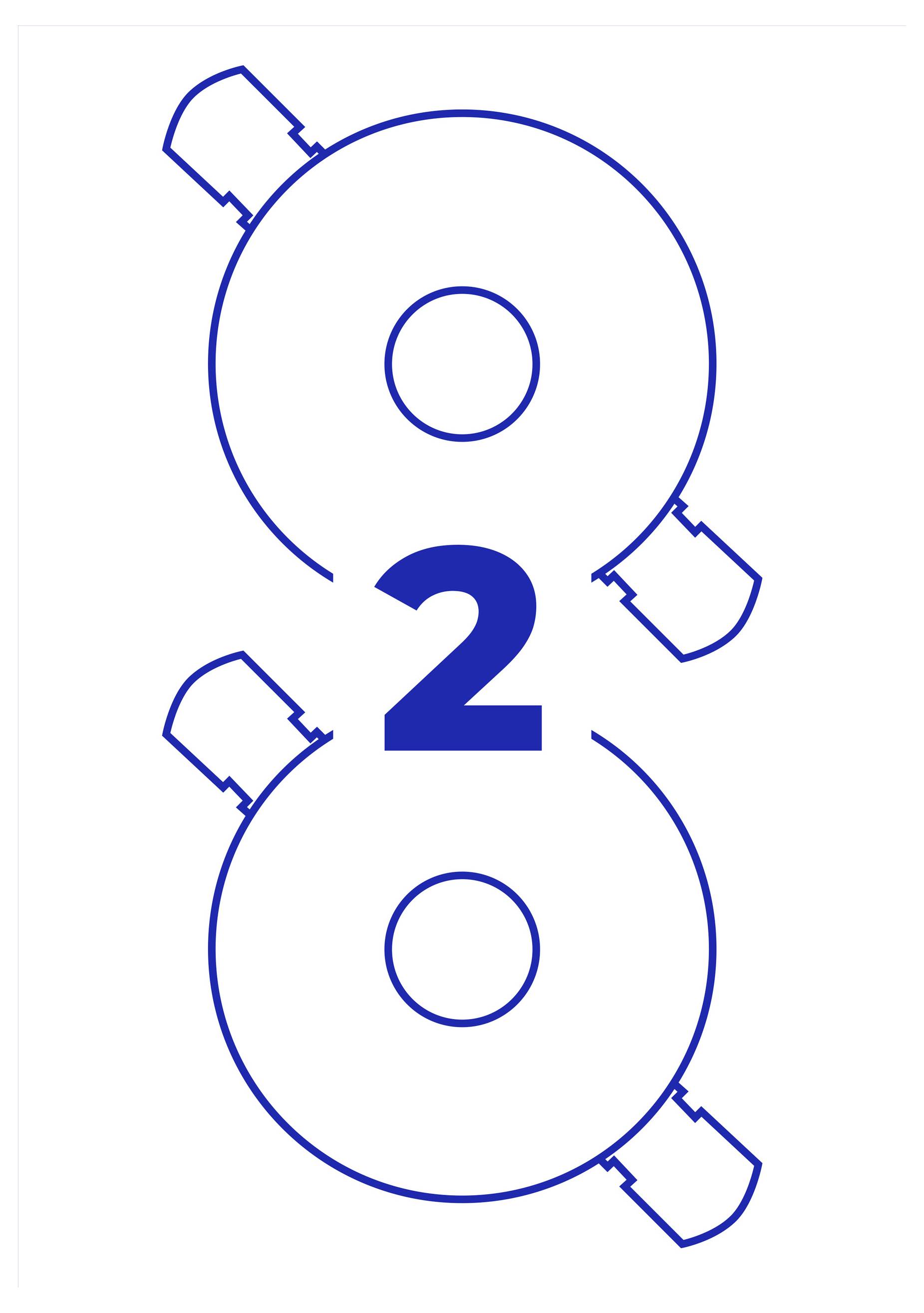 Symbool met het getal 2 tussen twee gestileerde blauwe cirkels, waarschijnlijk als verwijzing naar stap 2 of een tweede optie.