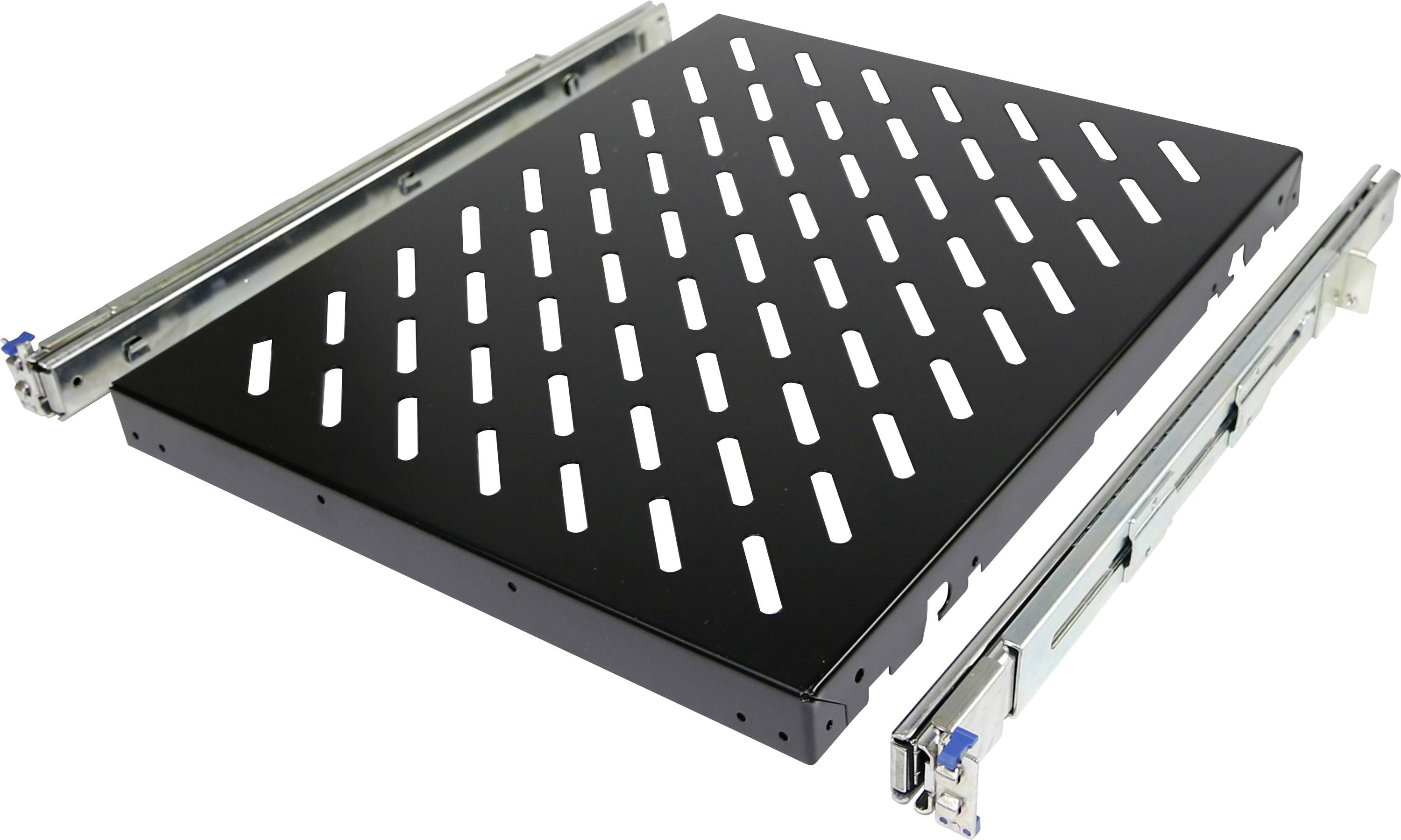 Metalen lade met sleuven en zijgeleiders, geschikt voor montage in een rack of behuizing.