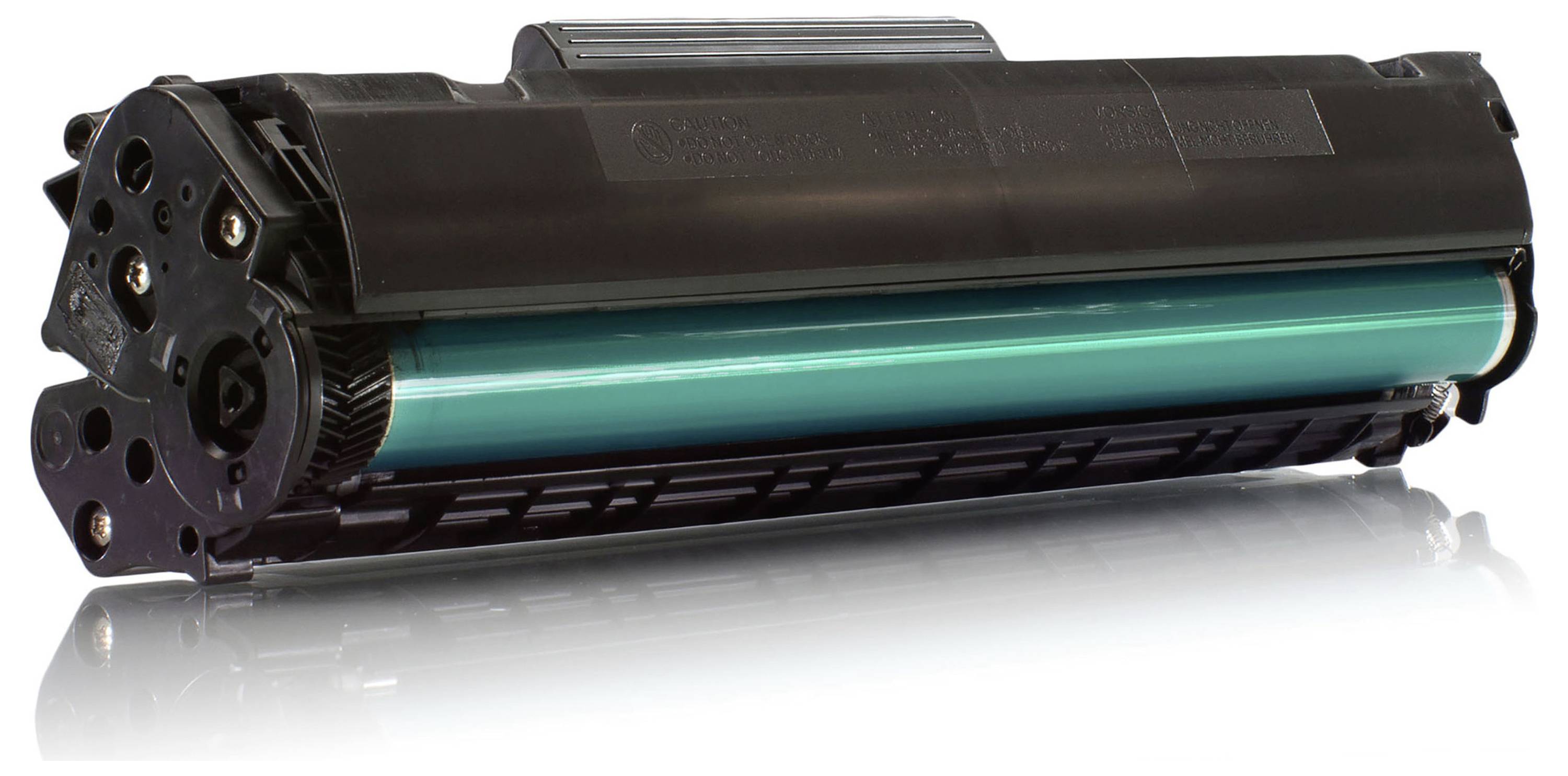 Zwarte toner-/drumcartridge met cyaan cilinder, geïsoleerd op een witte achtergrond weergegeven.