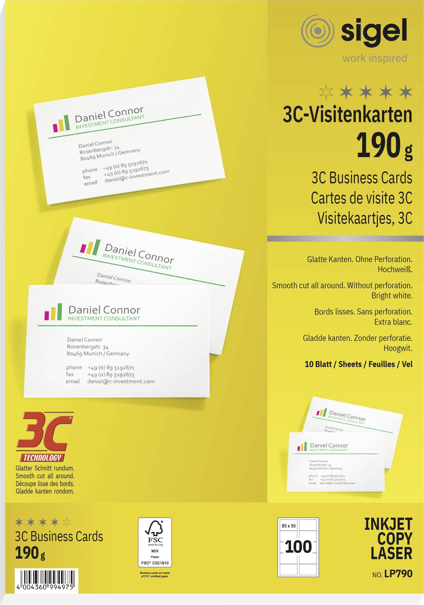 Sigel LP790 Bedrukbare visitekaarten, gladde kant 85 x 55 mm Helderwit 100 stuk(s) Papierformaat: DIN A4
