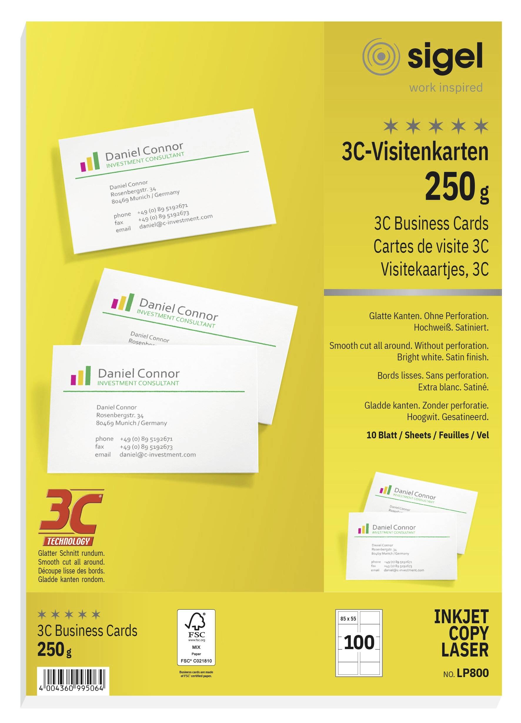 Sigel LP800 Bedrukbare visitekaarten, gladde kant 85 x 55 mm Helderwit 100 stuk(s) Papierformaat: DIN A4